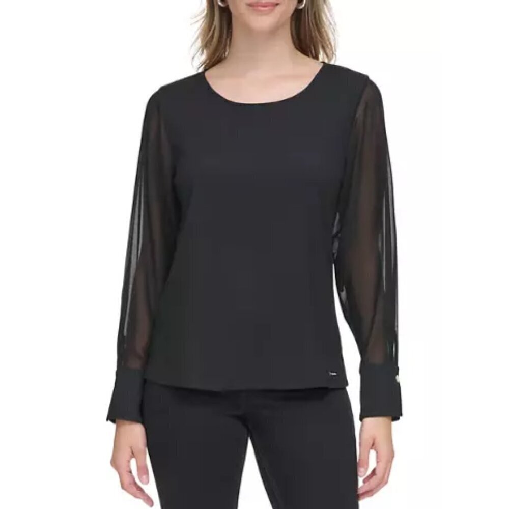 NWT Calvin Klein Chiffon Sleeve Blouse in Black Sz. 3X
